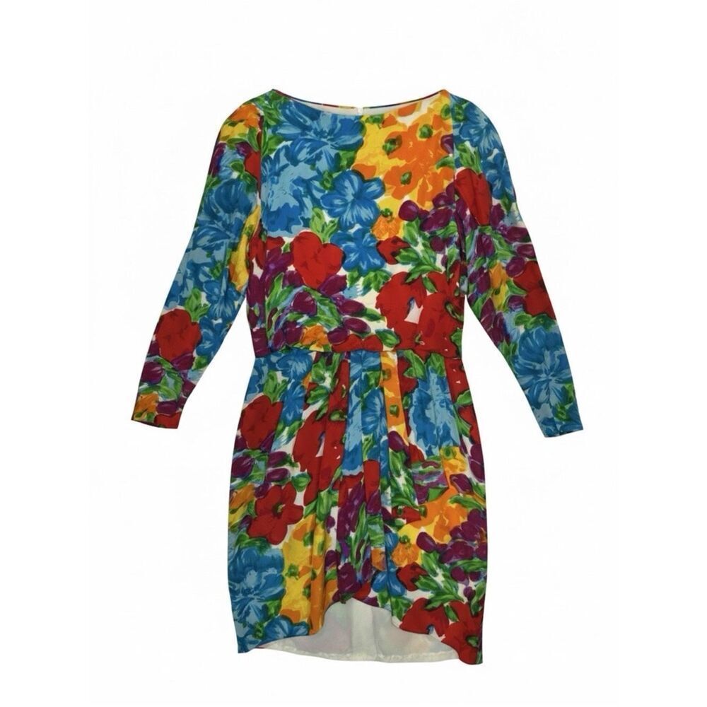 ADELE SIMPSON Bright Multicolor Floral Silk Dress Size 10